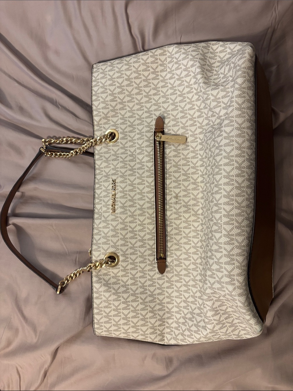 Michael Kors Cream and Brown Logo Chain Handle Tote